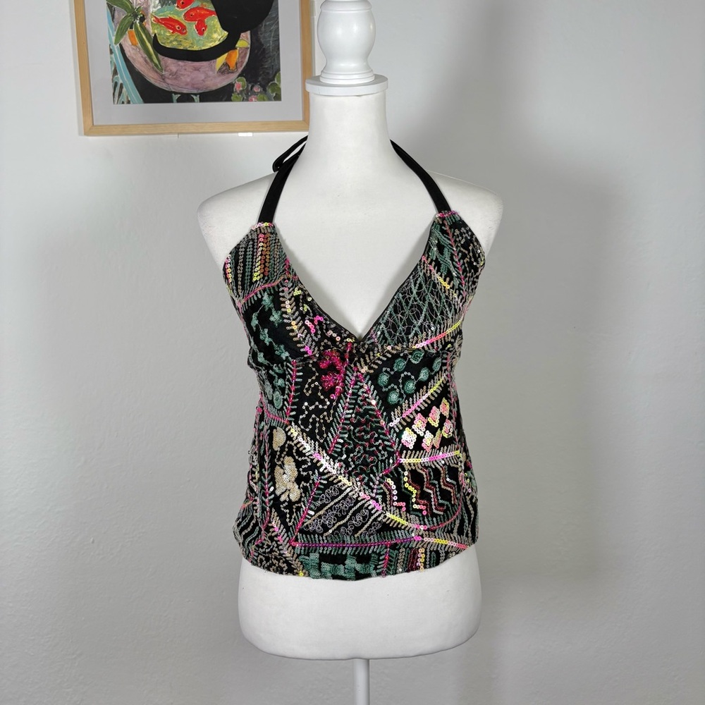 Y2k NYE Black Sequined Halter Top